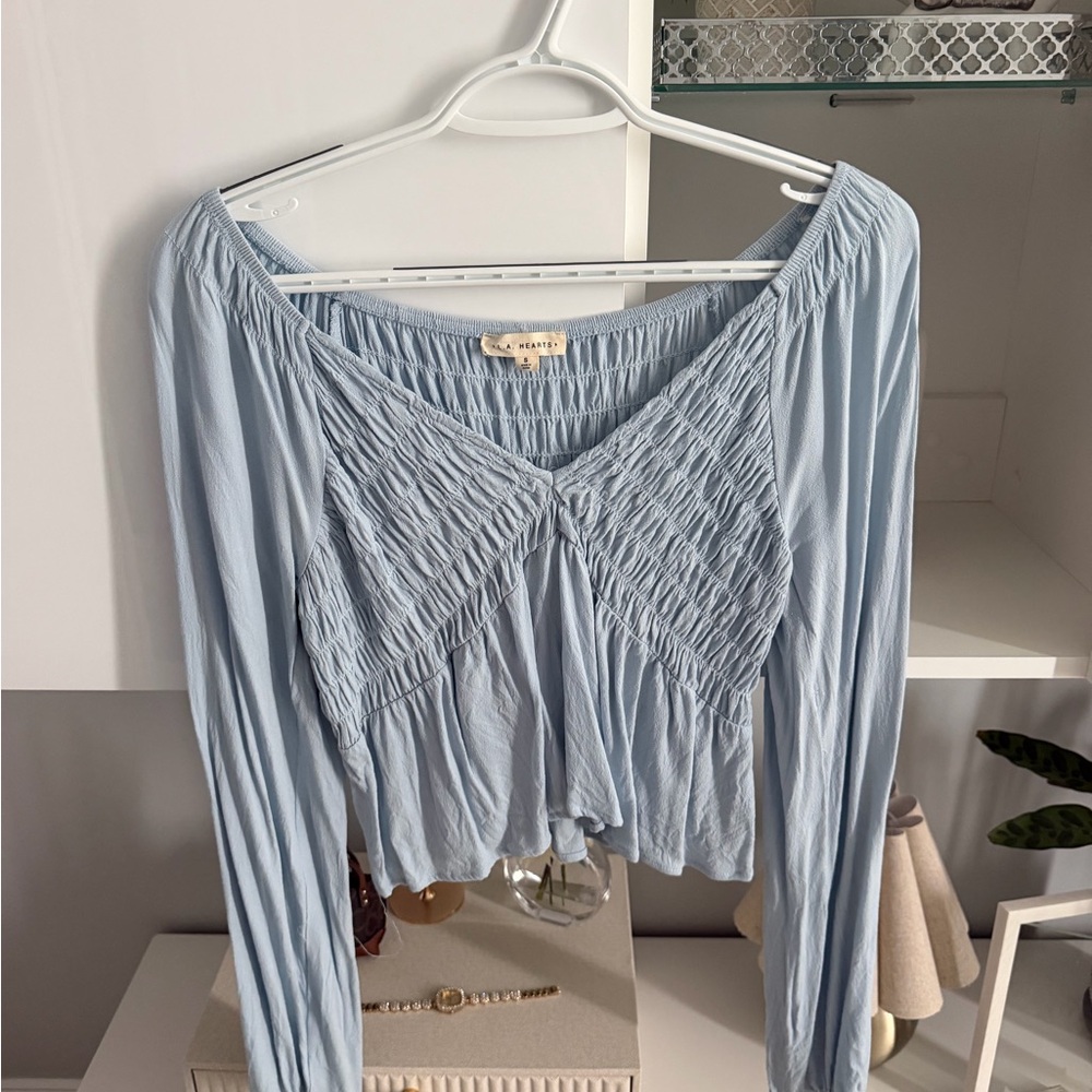 La Hearts Light Blue Smocked V-Neck Long Sleeve Top